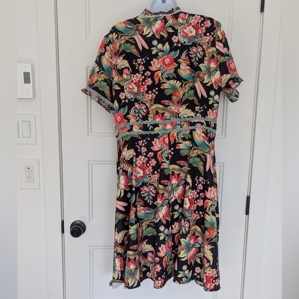 Dalia MacPhee Floral Dress XL Pleated Tie Neck Boho Romantic - Picture 4 of 13